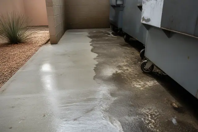 Concrete dumpster pad being pressure washed to remove grease and grime at a business in Peoria, AZ.