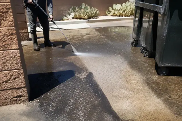 Pressure washing grease and grime from a concrete dumpster pad in Glendale, AZ.