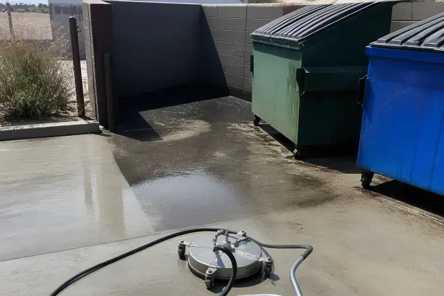 Pressure washing a commercial dumpster pad and concrete floor in Mesa, AZ.