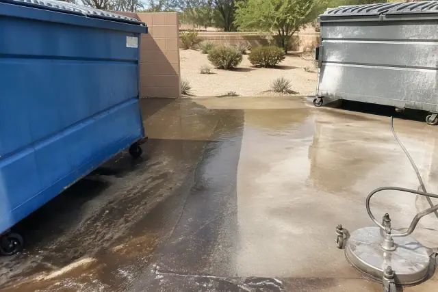Pressure washer cleaning grease and grime from a concrete dumpster pad at a site in Chandler, AZ.