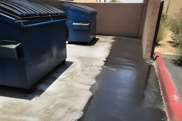 Cleaned concrete dumpster pad with freshly applied sealant at a commercial site in Phoenix, AZ.
