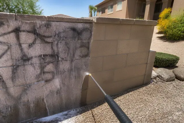 Pressure washer cleaning graffiti off a masonry wall at a home in Chandler, AZ.