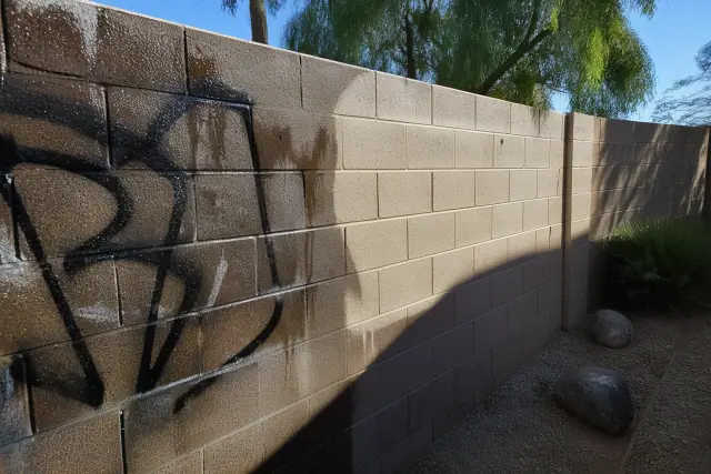 A masonry wall in Gilbert, AZ showing a section of brick half-cleaned of graffiti in bright sunlight.