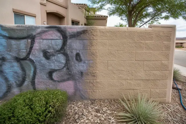 A partially cleaned brick wall showing graffiti removal progress at a residential property in Glendale, AZ.