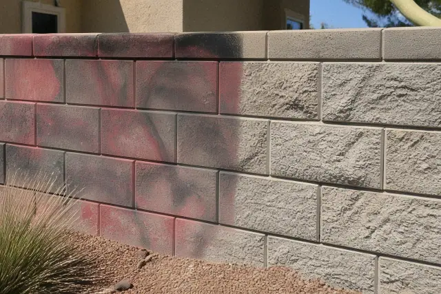 Pressure washer removing graffiti from a masonry wall at a residential job site in Surprise, AZ.