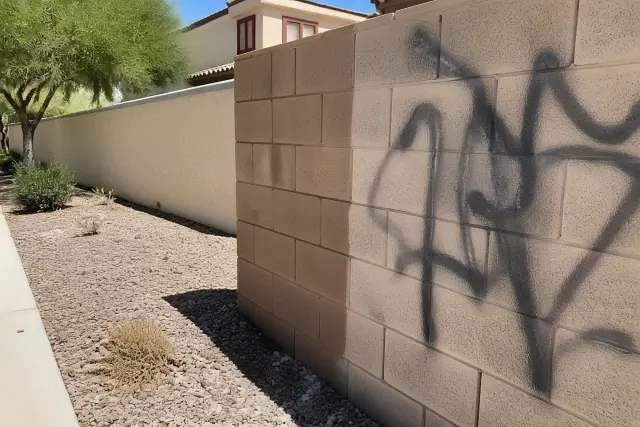 A section of brick wall in Phoenix, AZ, showing half-cleaned graffiti and a restored masonry surface.