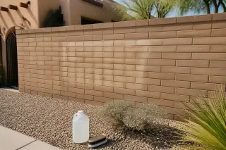Cleaning solution canister and brush on the ground near a restored brick wall in Phoenix, AZ.