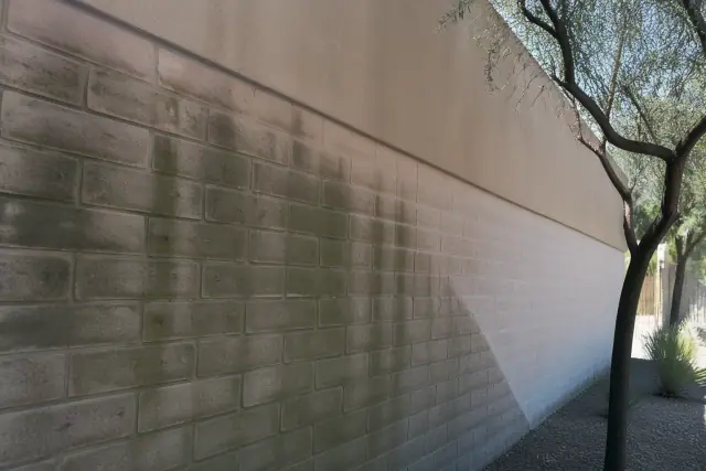 Green streaks on a shaded north wall of an industrial building in Phoenix, AZ, showing cleaned and weathered masonry.