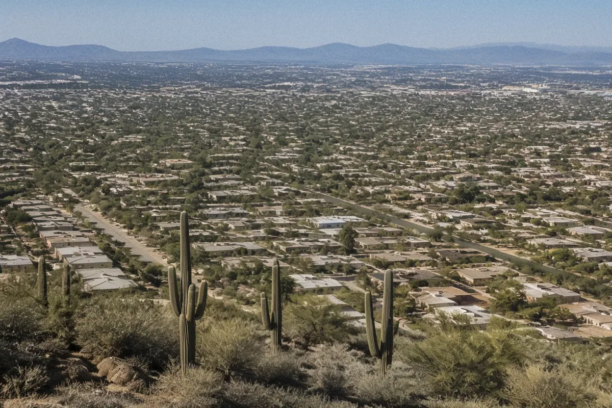 Aerial drone view of a desert residential neighborhood in Phoenix, AZ, featuring stucco homes and distant mountains.