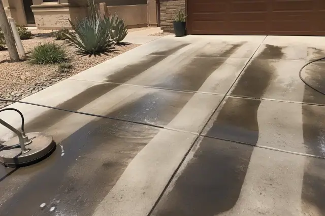 Hot-water pressure washing cleaning oil stains off a residential concrete driveway in Phoenix, AZ.