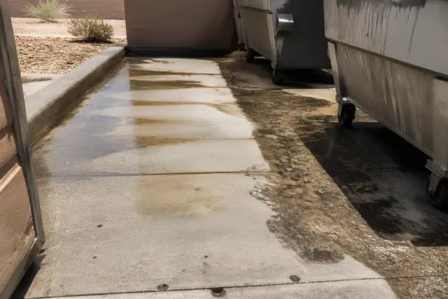 Hot-water pressure washing removing grease from a commercial dumpster pad in Phoenix, AZ.