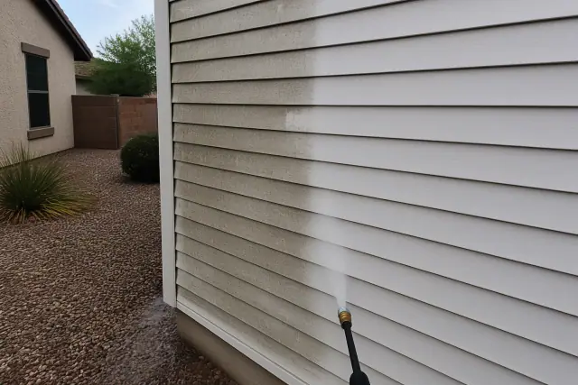 Soft wash cleaning removing mildew from residential vinyl siding in Gilbert, AZ.