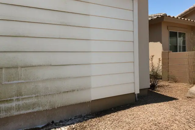 A house washing technician cleaning mildew from siding at a home in Goodyear, AZ with soap suds visible on the surface.
