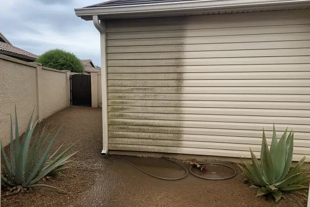 Residential siding in Scottsdale, AZ showing a contrast between mildew-covered panels and a clean, soft-washed surface.