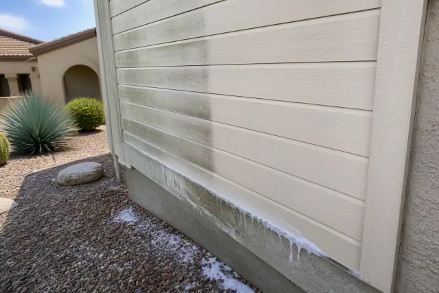 Residential siding in Surprise, AZ showing a clean, sanitized section next to mildew-covered panels during a wash.