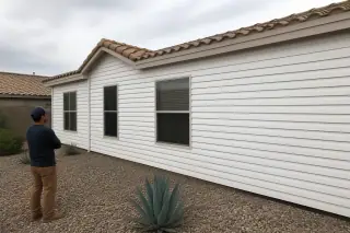 Technician performing a final walkthrough of a clean vinyl-sided home with desert landscaping in Phoenix, AZ.