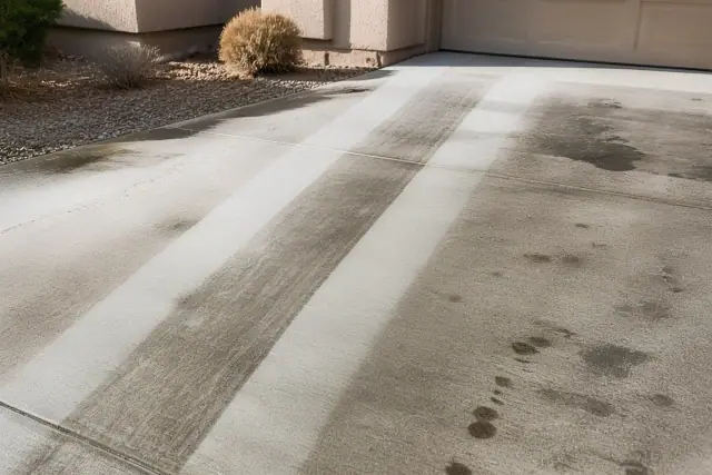 Light dust on a broom-finish concrete driveway in Phoenix, AZ, showing cleaning patterns on stained concrete.