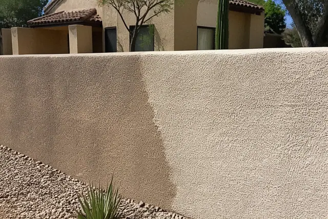 Low-pressure rinse cleaning grime from textured stucco on a house in Phoenix, AZ.