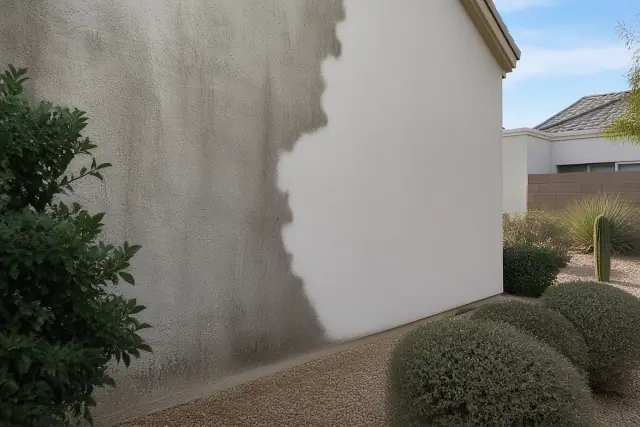 A painted stucco wall in Phoenix, AZ, showing the contrast between mildew-streaked areas and a soft-washed clean surface.