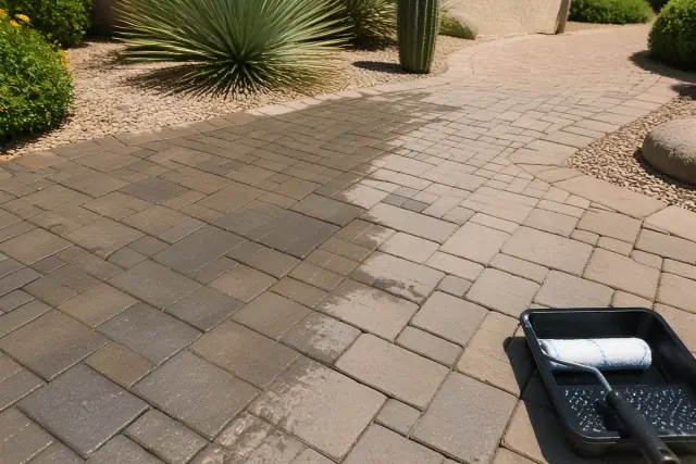 Stone paver walkway cleaning and sealing project in Phoenix, AZ, showing wet-look applicator and dry desert landscaping.