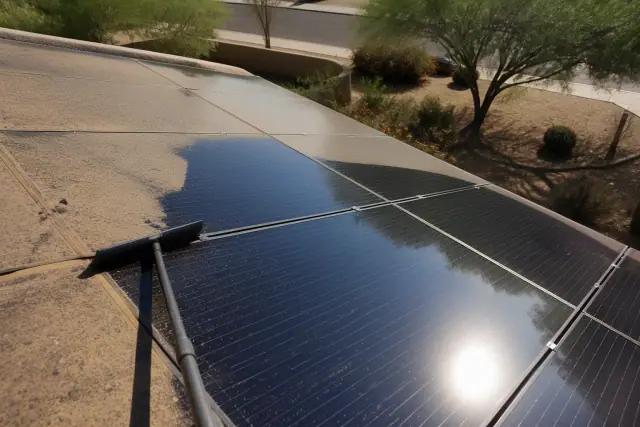 A technician cleaning monsoon dust and debris from solar panels on a residential roof in Phoenix, AZ.