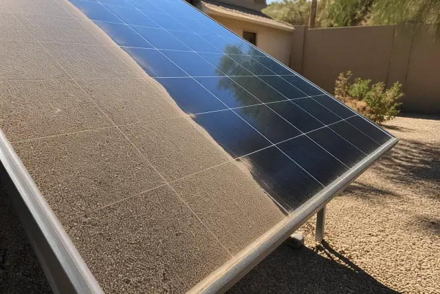 Tilted solar panel with a divide between dusty accumulation and reflective glass on a desert jobsite in Phoenix, AZ.
