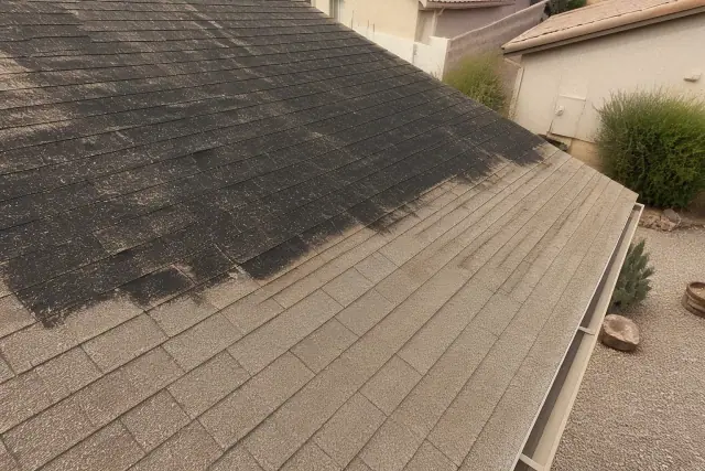 Roof shingles in Phoenix, AZ, showing a contrast between black algae streaks and cleaned areas with desert landscaping.