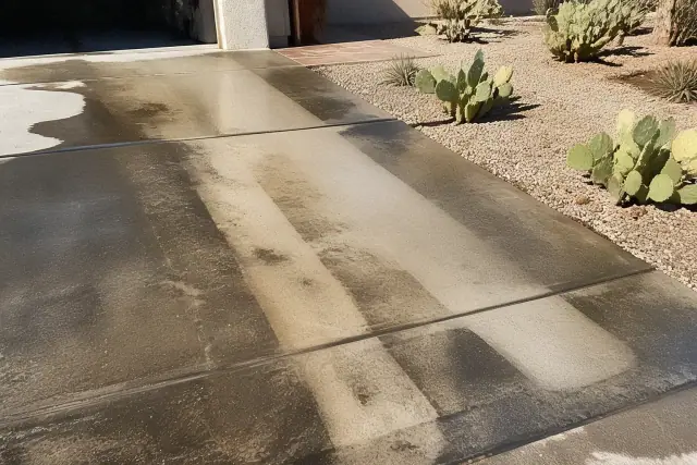 Concrete driveway with wet oil stain removal stripes and prickly pear cacti in Phoenix, AZ.