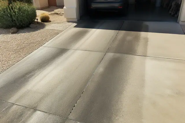 Oil and tire marks on a concrete driveway with clean surface cleaner stripes in Phoenix, AZ.