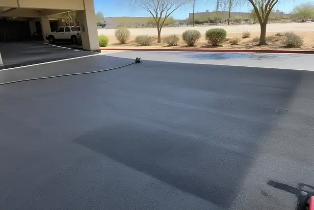 Cleaned oil and tire stains on an asphalt parking garage surface in Phoenix, AZ.