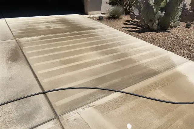 A concrete driveway in Phoenix, AZ showing clean stripes from a surface cleaner and surrounding desert prickly pear cacti.
