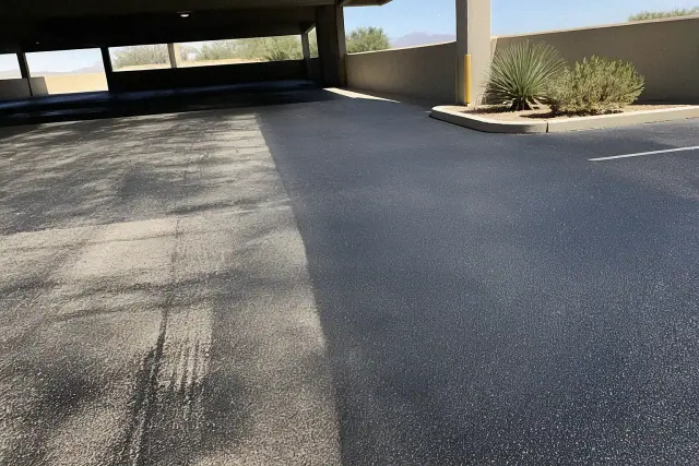 Cleaned asphalt parking garage surface after oil and tire mark removal in Phoenix, AZ.