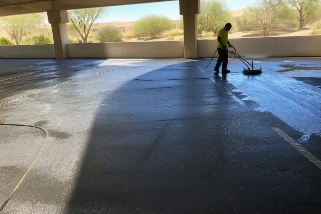 A smartphone view of a parking garage being pressure washed in Phoenix, AZ, showing clean streaks on asphalt.