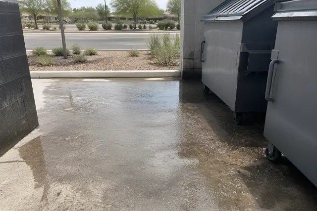Damp concrete floor of a commercial trash enclosure being cleaned in Mesa, AZ, with grease removed from around dumpsters.