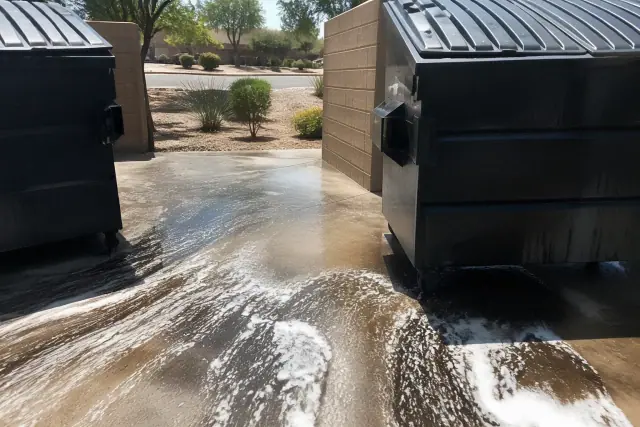Concrete dumpster pad being pressure washed with soap suds in Phoenix, AZ, showing removal of grease and grime.