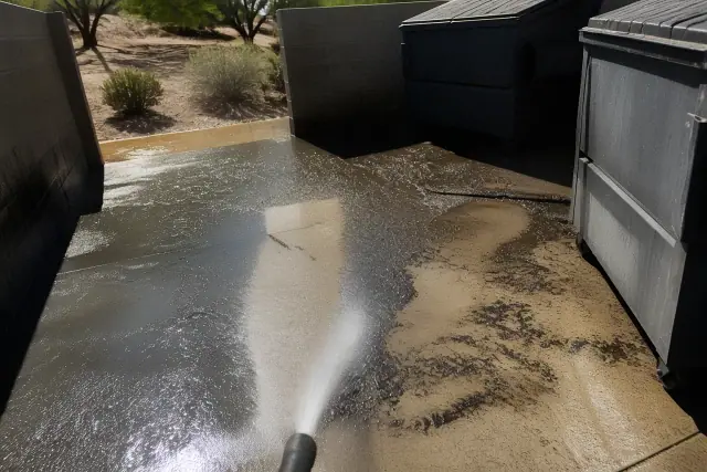 Pressure washing grease and grime from a concrete dumpster pad at a worksite in Peoria, AZ.