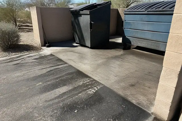 A cleaned concrete dumpster pad with desert scrub in a parking lot under bright sunlight in Phoenix, AZ.