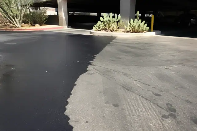A cleaning transition line on an asphalt parking garage floor in Tempe, AZ, next to prickly pear cacti.