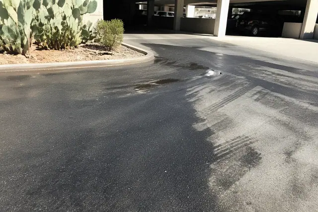Freshly cleaned parking garage asphalt with oil stain removal in Surprise, AZ, featuring desert cactus in the background.
