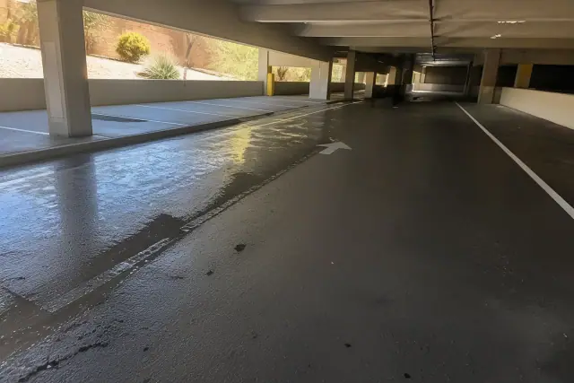 Cleaned asphalt surface in a commercial parking garage under bright sunlight in Gilbert, AZ.