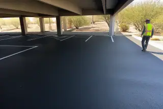 Technician inspecting a cleaned asphalt parking garage surface with desert creosote bushes in Phoenix, AZ.