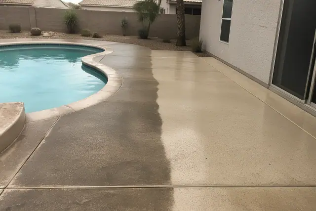 Pressure washing a concrete pool deck in Phoenix, AZ, showing the clean surface compared to the stained area.