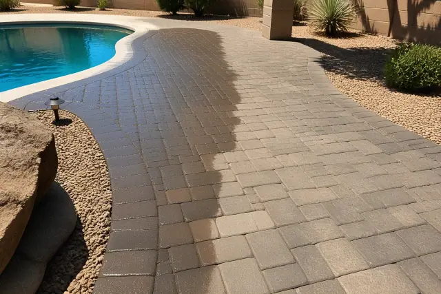 Stone paver walkway with clean joints at a residential pool deck in Phoenix, AZ, surrounded by desert landscaping.