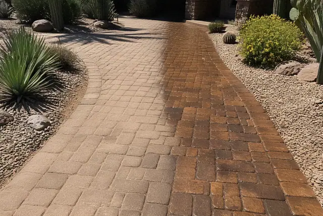 Before and after view of a stone paver walkway being cleaned and sealed in Phoenix, AZ.