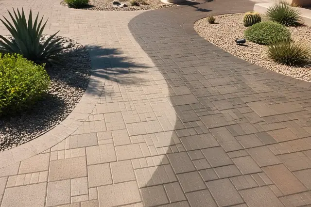 Before and after paver cleaning and sealing on an interlocking stone path in Scottsdale, AZ with desert succulents.
