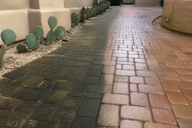 A stone paver walkway in Glendale, AZ showing the contrast between cleaned sections and mossy, uncleaned pavers.