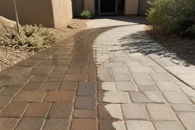 Interlocking stone path in Goodyear, AZ showing a comparison of cleaned and sealed pavers next to a dry, faded section.