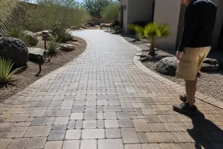Technician inspecting sealed stone pavers with a glossy finish and desert xeriscaping in Phoenix, AZ.