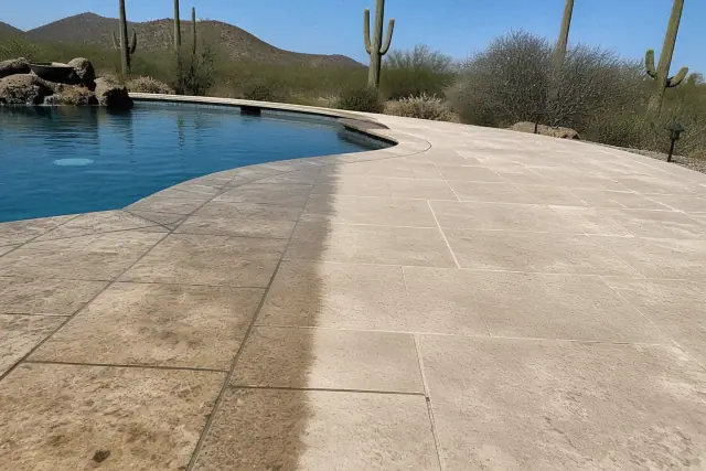 Close-up of paver joints and pool deck finish under bright sunlight in Phoenix, AZ, showing stained and rinsed sections.