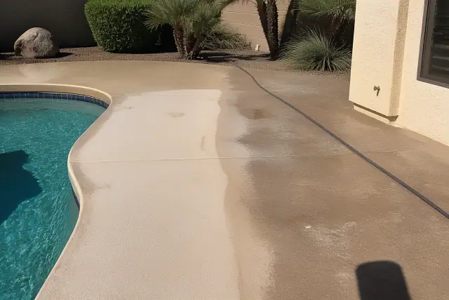 Half-cleaned concrete pool deck with desert landscaping at a home in Phoenix, AZ.